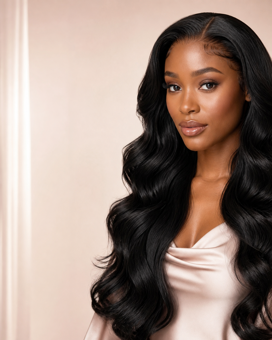 Woman wearing a glossy body-wave human-hair wig